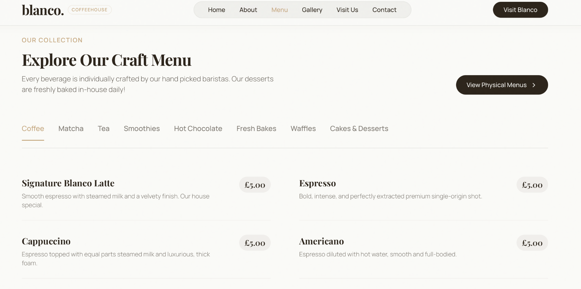 Blanco craft menu page